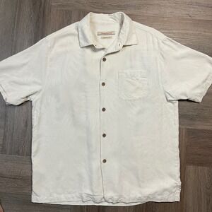 Tommy Bahama Silk Shirt Mens Large Beige Palm Print‎ Short Sleeve Button Up